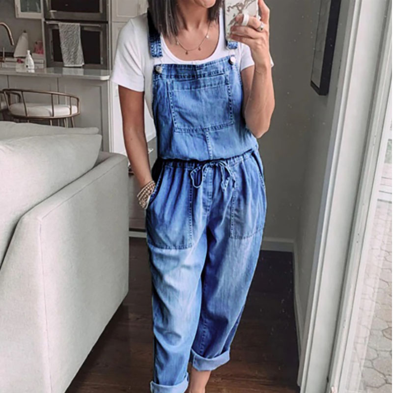 Simple Casual All-match Drawstring Denim Overalls Jumpsuit (V)