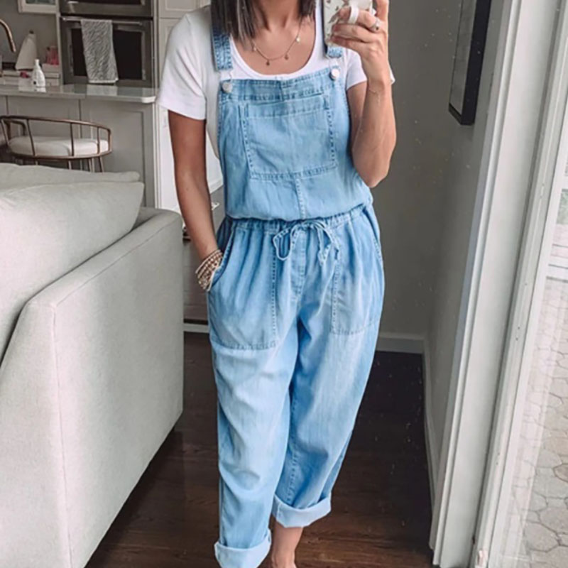 Simple Casual All-Match Drawstring Denim Overalls Jumpsuit (6)